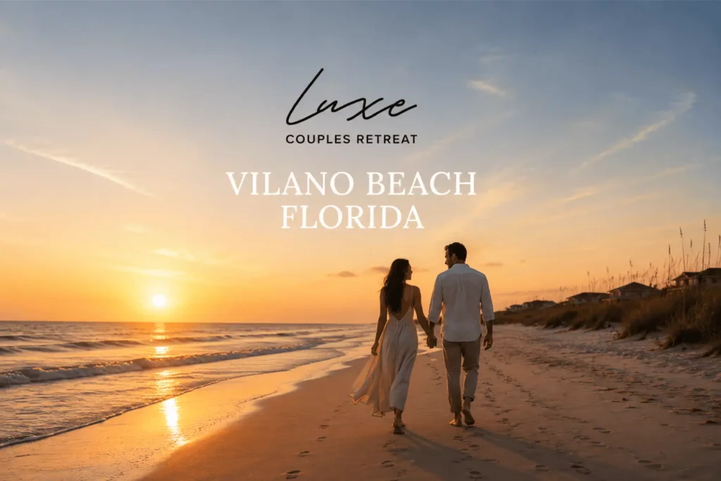 Luxe Couples Retreat product cover for Vilano Beach, Florida, showing a couple walking on the beach at sunset.