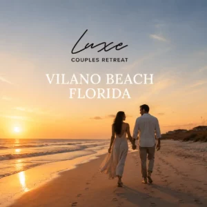 Luxe Couples Retreat product cover for Vilano Beach, Florida, showing a couple walking on the beach at sunset.