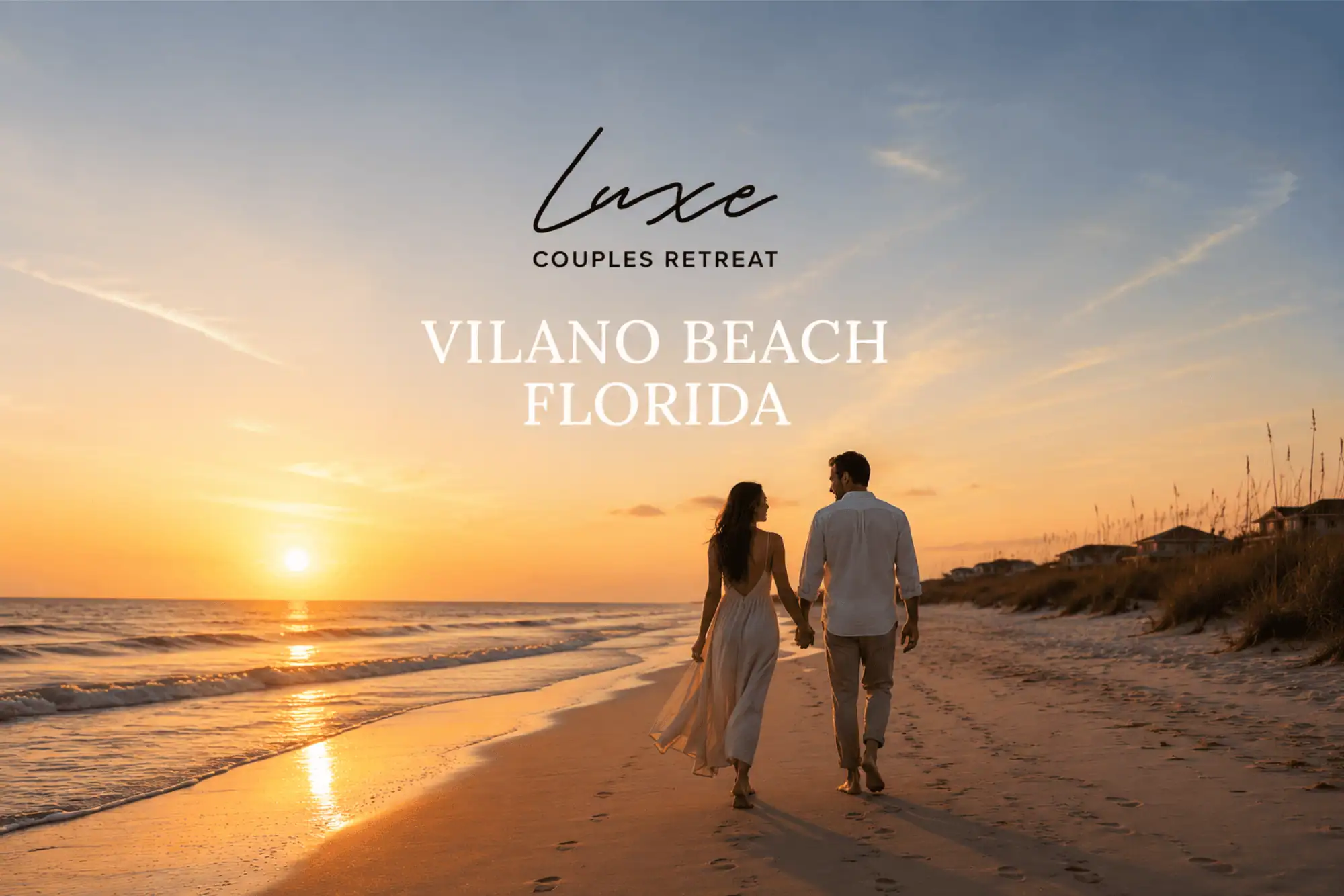 Luxe Couples Retreat product cover for Vilano Beach, Florida, showing a couple walking on the beach at sunset.