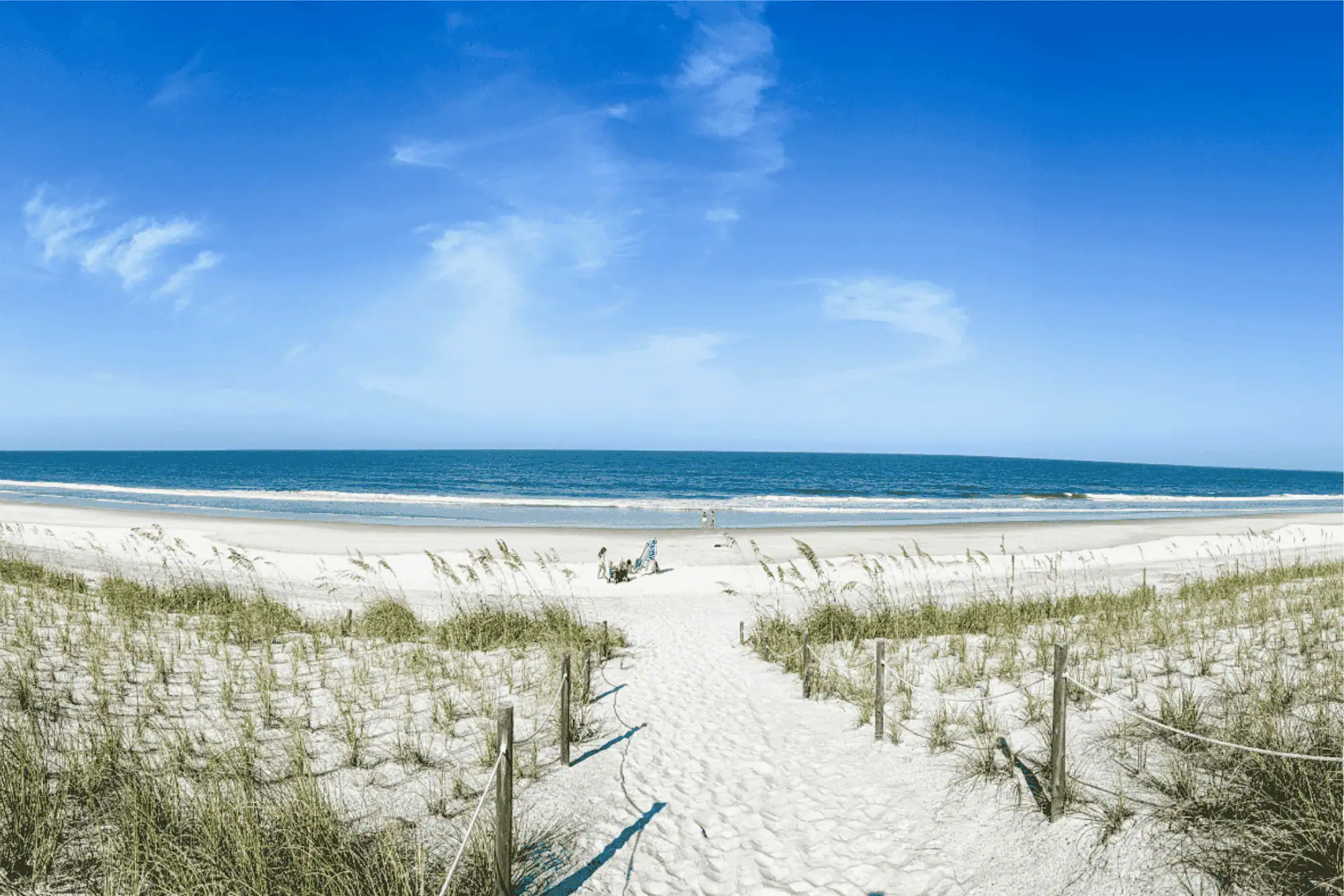 Wide panoramic view of a sandy beach path lined with wooden rope posts leading through sea grass dunes onto the wide sandy shore and deep blue ocean at Vilano Beach under a bright blue sky